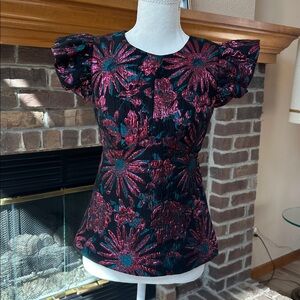 NWT Trina Turk Jacquard Floral Davis Top Blouse Borealis Blue Size 0